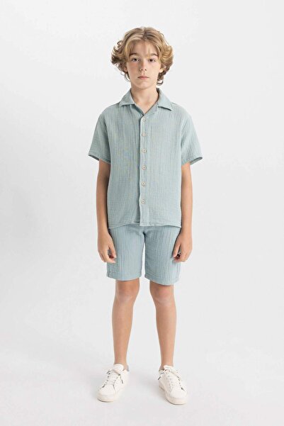 DeFacto Erkek Çocuk Oversize Geniş Kalıp Polo Yaka Müslin Kısa Kollu Gömlek W3239A624HS
