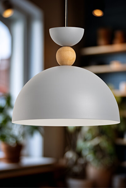 AmberLED Celesta Ahşap Boncuk Detaylı Gri Sarkıt Aydınlatma Metal Sıvama Ev Ofis Cafe Restoran Avizeleri