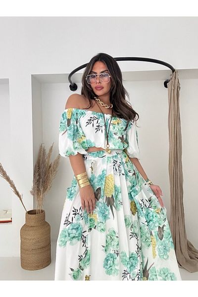 369 etnik butik Floral Print Off-The-Shoulder Crop Blouse and Long Skirt Set – 3 Color Options