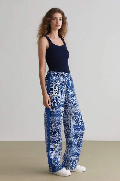 DeFacto High Waist Print Pocket Wide Leg Maroken Trousers - C8888Ax24Sm