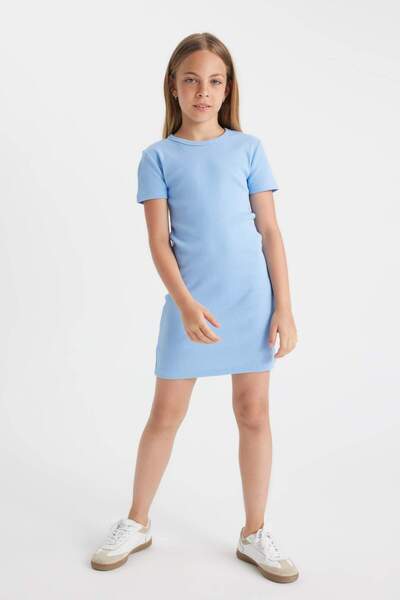 DeFacto Rochie de vară cu mânecă scurtă pentru fete, cu decolteu, cu nervuri, C4644A824SM