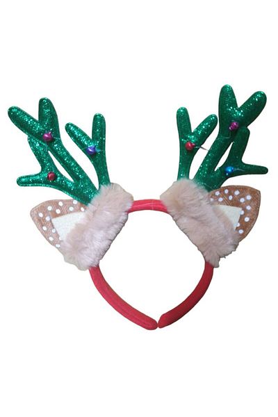 partidolu Beaded Silvery Green Color Deer Horn Shaped New Year's Crown with Ears 1 Piece