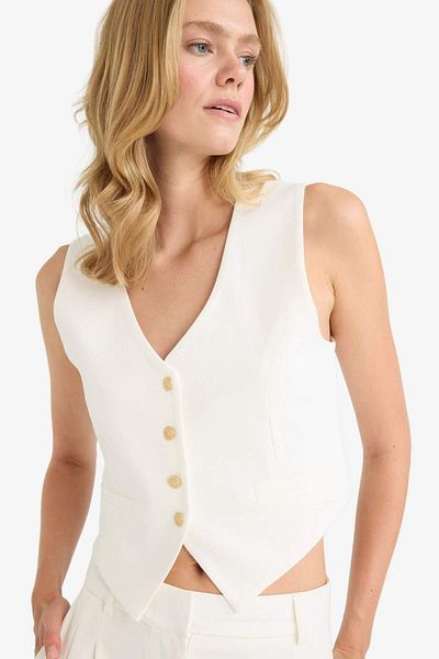 DeFacto Crop V-Neck Linen Blend Blazer Vest C7798Ax24Sm