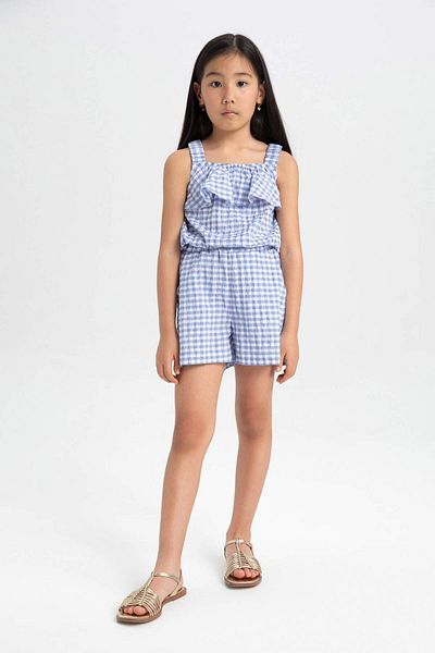DeFacto Girls' 2-Piece Set Crinkle Strap Checked Blouse Shorts C5347A824Hs
