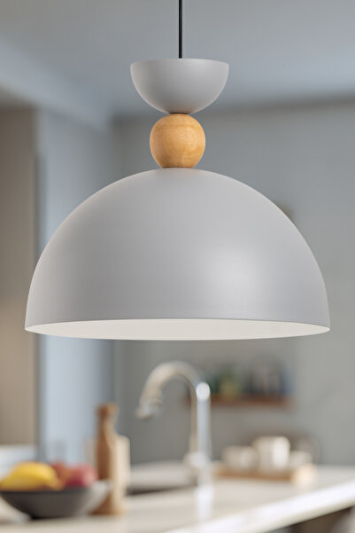 AmberLED Celesta Ahşap Boncuk Detaylı Gri Sarkıt Aydınlatma Metal Sıvama Ev Ofis Cafe Restoran Avizeleri