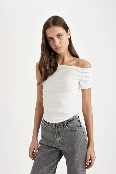 DeFacto Slim Fit Slim Fit One Shoulder Rib Short Sleeve T-Shirt D1273Ax24Sm