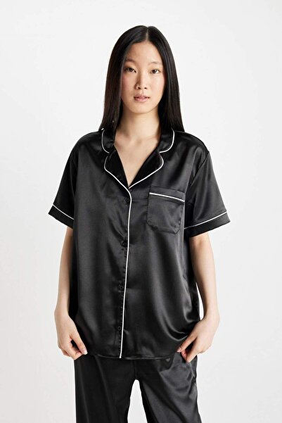 DeFacto Satin Pajama Set - Short Sleeve, Top and Long Bottom D0916Ax24Sm