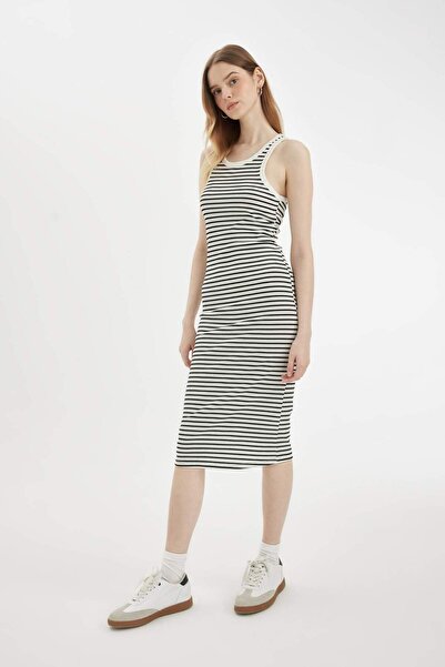 DeFacto Ribbed Sleeveless Midi Dress - Bodycon Halter Neck, Striped Camisole C8845AX24SM