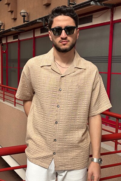 inpool Мъжка риза Oversize - Отворена яка, Ленена смес, Тъкана, Релефна G13