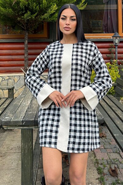 NEW LAVİVA قماش شانيل بنمط مربع أسود مع تفاصيل أساور واسعة، فستان متوسط الطول...