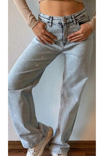 MADAMMERY Shiny Stone Palazzo Light Blue Jean Equivalent Flexible Comfortable Fit