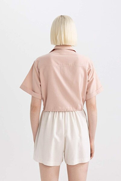 DeFacto Cropped Fit Gömlek Yaka Keten Karışımlı Kısa Kollu Bluz C6812AX24SM