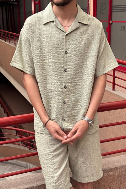 inpool Men'S, Seersucker, Summer, Loose Fit, Linen Blend, Shirt-Shorts Set 297-g13