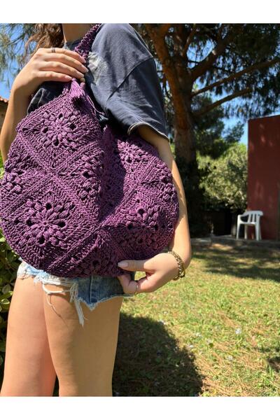 Goshıkı El Örgüsü Püsküllü Günlük Kadın Omuz Çantası Kağıt İp Mor 36x27