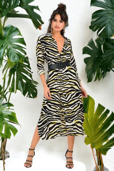 NEW LAVİVA Women's Ecru Zebra Patterned Classic Collar Shirt Dress Long Sleev...