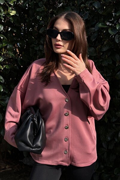 NEW LAVİVA Γυναικείο ύφασμα κατάδυσης σε πούδρα, λεπτομέρεια με ασημί κουμπί, φαρδιά μπλούζα μπουφάν