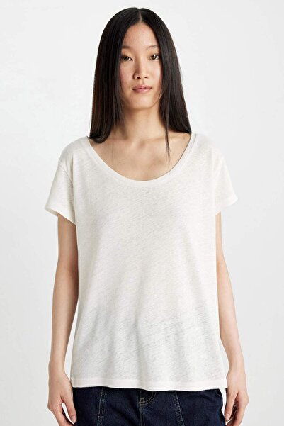 DeFacto Leinen-Mix-T-Shirt mit Rundhalsausschnitt – normale Passform, kurze Ärmel C8806ax24sm