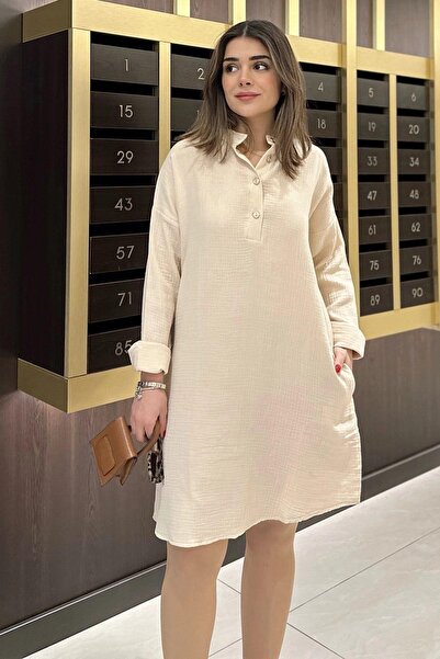 NEW LAVİVA Beige Casual Muslin Dress - High Collar, Folded Wide Sleeve, Midi & Oversize Cut