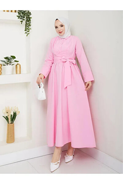 exxitcollection Kadın Tesettür Pembe Sabit Kuşaklı Modern Şık Uzun Gece Elbise Kıyafet