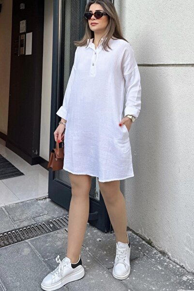 NEW LAVİVA Λευκό φαρδύ μουσελίνα φόρεμα - γιακάς, διπλωμένο φουσκωτό μανίκι, μίντι & υπερμεγέθη κοπή