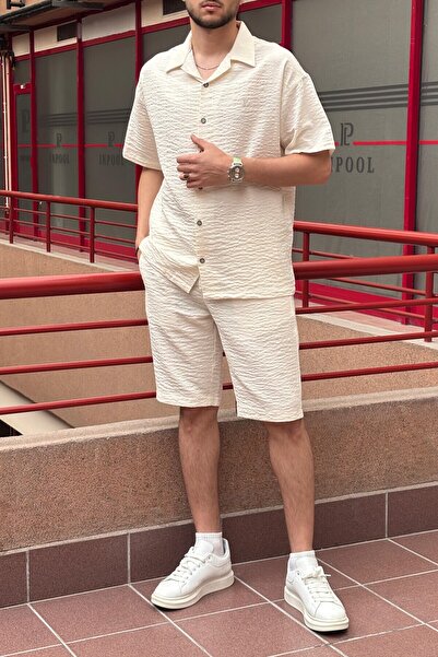 inpool Men'S, Seersucker, Summer, Loose Fit, Linen Blend, Shirt-Shorts Set 297-g13