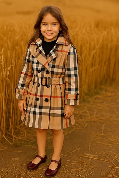 HÇ Hülya Çelik KİDSWEAR 2018 Girl's Checked Trench Coat Raincoat Waterproof Silk Satin Lined