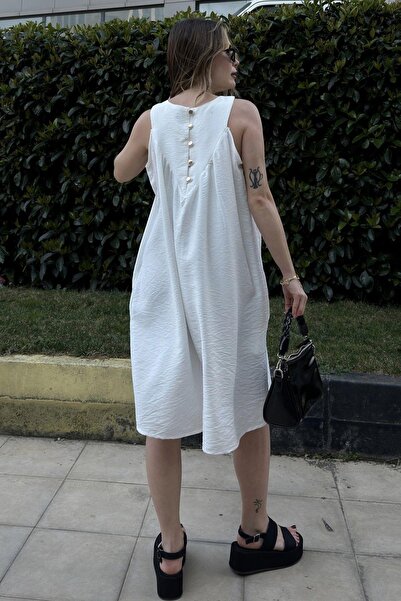 NEW LAVİVA Γυναικείο λευκό χοντρό λουράκι, τσέπη και πιέτες γιακά με λεπτομέρειες, γραμμή Α, φαρδύ μίντι φόρεμα