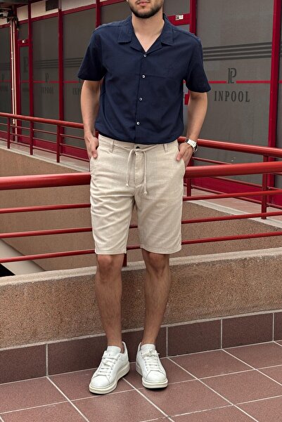 inpool Ανδρικό λινό βαμβακερό σορτς με ρυθμιζόμενο κορδόνι μέσης Old Money Culture