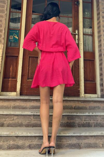 NEW LAVİVA Φούξια γιακά Λεπτομερές Φαρδύ Φόρεμα