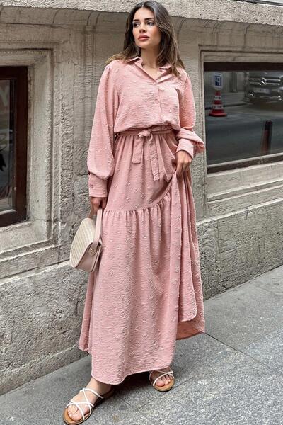 NEW LAVİVA Vintage μάξι φόρεμα σε χρώμα πούδρας - Κατάλληλο για ζώνη στη μέση, μανίκι με μπαλόνι και χιτζάμπ σε γραμμή Α