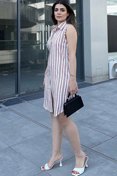 NEW LAVİVA Kadın Gül Kurusu Çizgili Desen, İthal Kumaş, Kolsuz, Rahat Kesim, Midi Gömlek Elbise