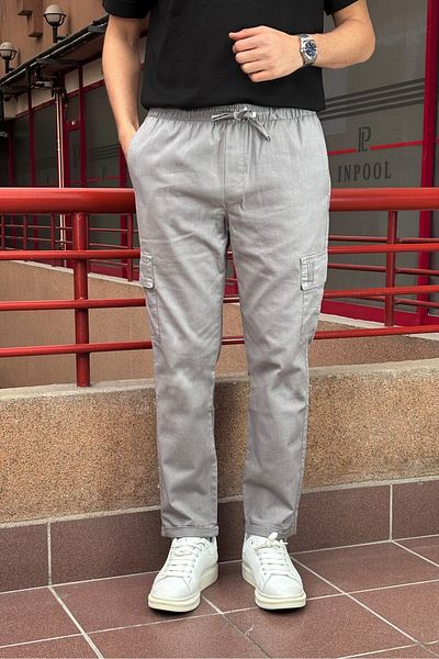 inpool Men'S, Elastic Waist, Ribbed Detail, Cotton, Linen Woven, Regular Fit, Cargo Pocket Pants Inp293