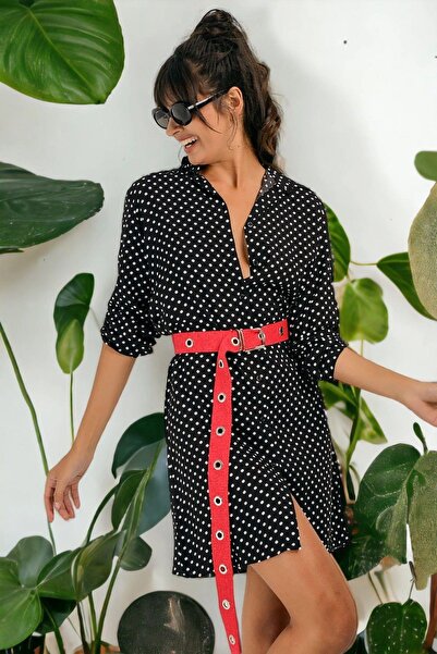 NEW LAVİVA Γυναικείο μαύρο κλασικό πουά φόρεμα με μακρύ μανίκι κανονική κοπή ...