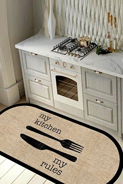 Decomia Home Dijital Baskılı Kaymaz Jüt Görünümlü Kitchen Siyah Çerçeveli Ova...