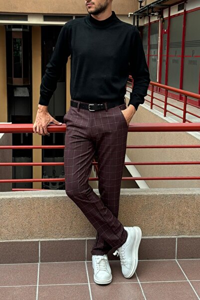 inpool Men's Plaid Patterned Regular Fit Polyviscon Fabric Trousers 236 - Double Leg