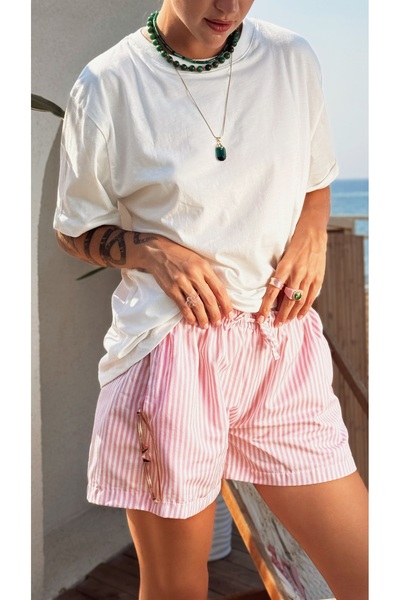 Le'sluette shadow of style Kadın Cepli Beli Lastikli Çizgili Şort Pembe