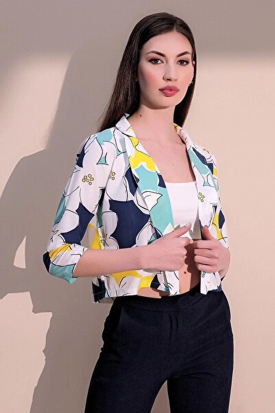 NEW LAVİVA Women's Yellow & Navy Stylish Patterned Poplin Crop Jacket