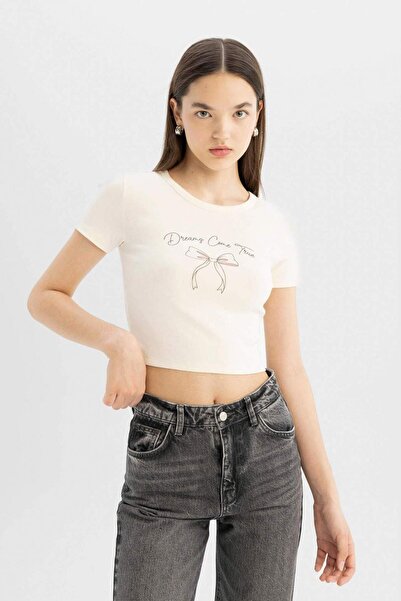 DeFacto Tricou cu mânecă scurtă cu nervuri, cu decolteu, cu imprimeu, D1622ax24smer103