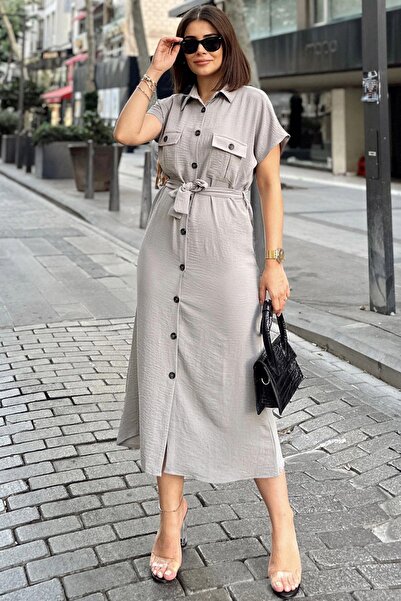 NEW LAVİVA Gray/Stone Short Sleeve, Shirt Collar, Solid Pattern, Double Pocket, Aerobin Fabric, Belted Maxi Dress