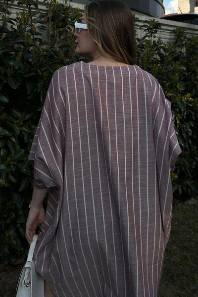 NEW LAVİVA Γυναικείο λινό μπορντό ριγέ, μισό μανίκι, λαιμόκοψη V, τσέπες, φαρδύ μίντι φόρεμα