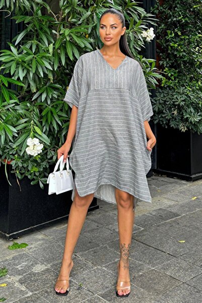 NEW LAVİVA Anthracite Striped Linen - Half Sleeve, V-Neck, Pocket Loose Midi Women's Dress