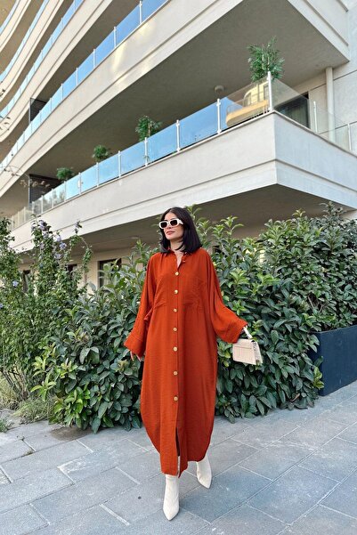 NEW LAVİVA Kadın Kiremit Yarasa Kol, Arkası Pliseli, Çift Cepli, Uzun Oversize Salaş Gömlek Elbise