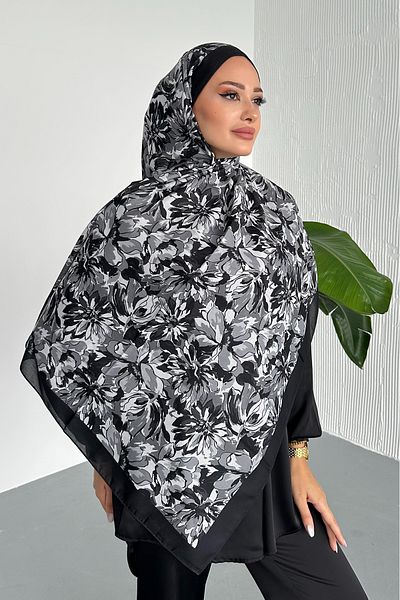 Stella Eşarp Lotus Flower Pattern Black Color Soft Cotton Shawl
