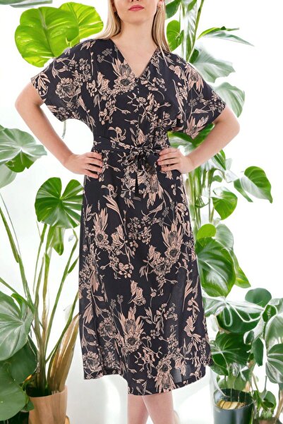 NEW LAVİVA Women's Navy Blue Patterned Half Sleeve Belt Detailed Maxi Length,...