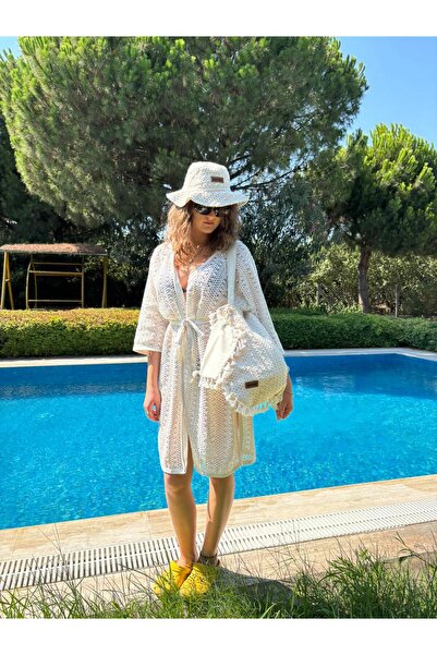 Goshıkı Lüx Bohem Tarzı Beyaz Örgü Çanta Seti (Cüzdanlı)