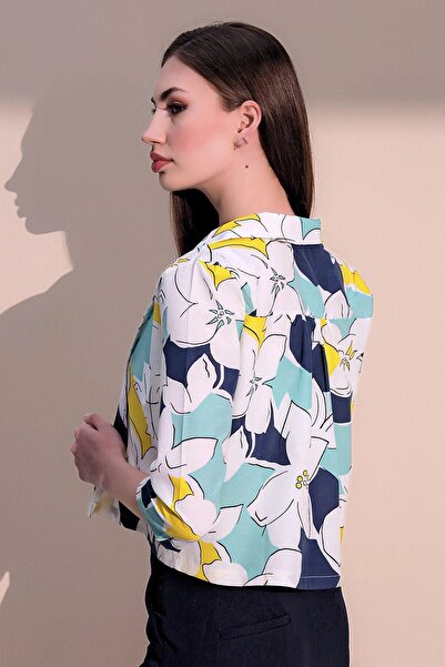 NEW LAVİVA Women's Yellow & Navy Stylish Patterned Poplin Crop Jacket