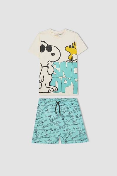 DeFacto Boy's Snoopy 2-Piece Set Short-Sleeved T-Shirt Sea Shorts B7612A824Hs
