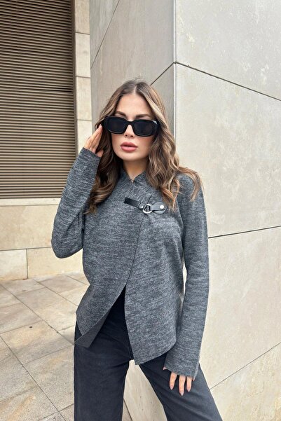 NEW LAVİVA Women's Anthracite Brooch Collar, Long Sleeve, Laser Cut, Textured Fabric, Buttonless Jacket