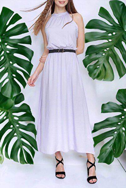 NEW LAVİVA Λιλά Μακρύ Άνετο Γυναικείο Φόρεμα με γιακά και Λεπτομέρεια Ζώνης - Μήκος Maxi