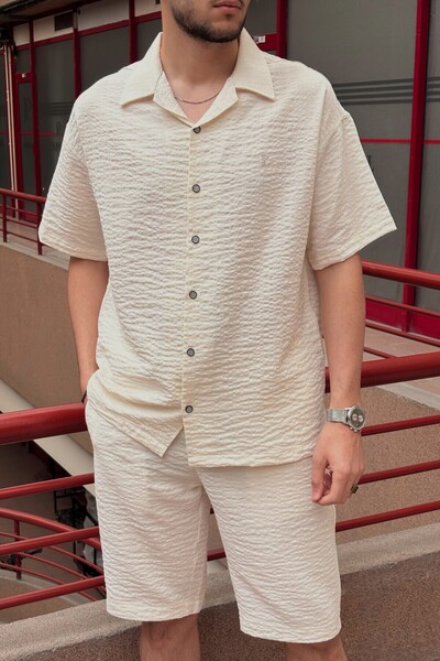 inpool Men'S, Seersucker, Summer, Loose Fit, Linen Blend, Shirt-Shorts Set 297-g13